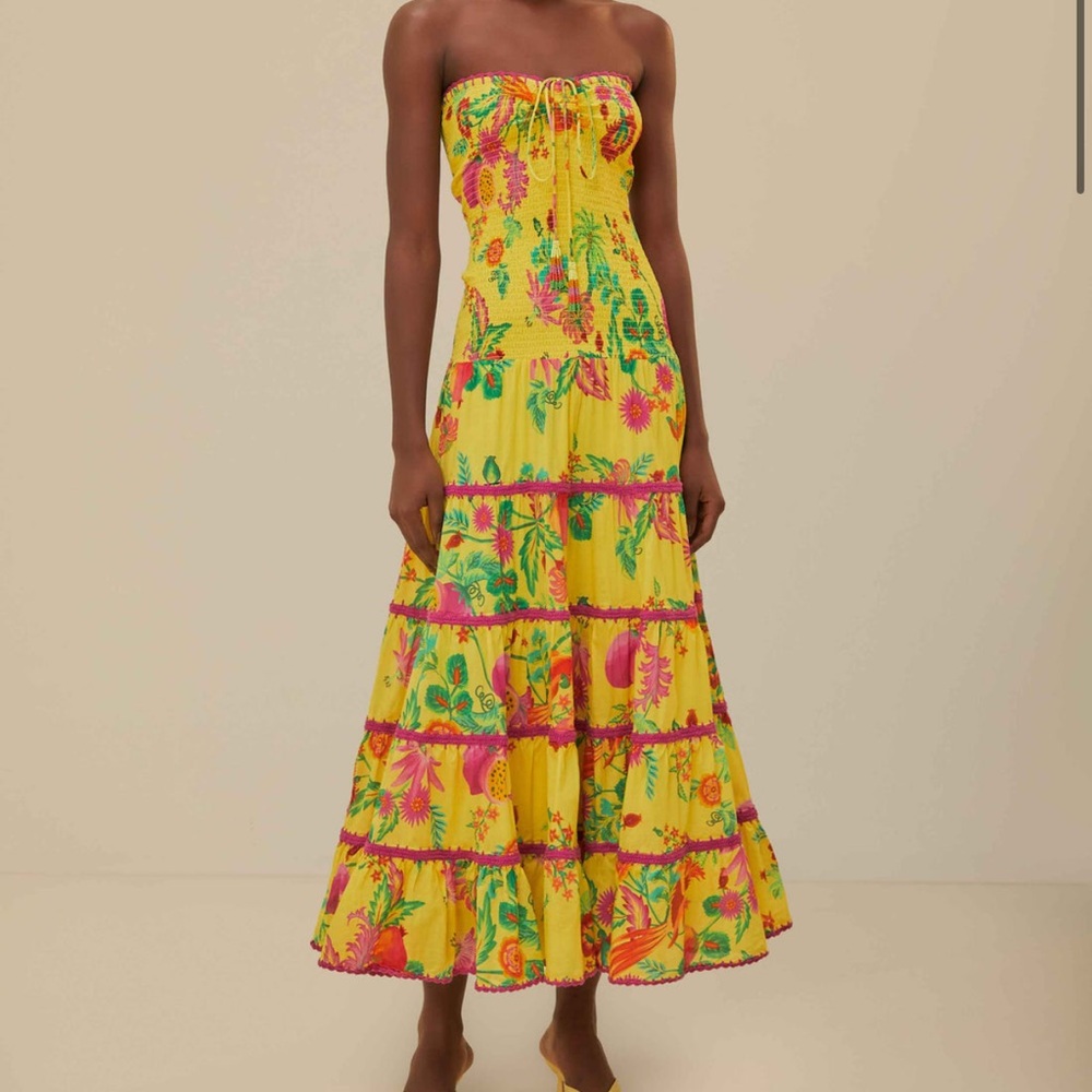 Farm Rio Yellow Delicate Fruit Garden Smocked Maxi Dress